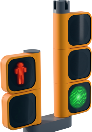 Conjunto de semáforo vehicular y peatonal sobre columna
